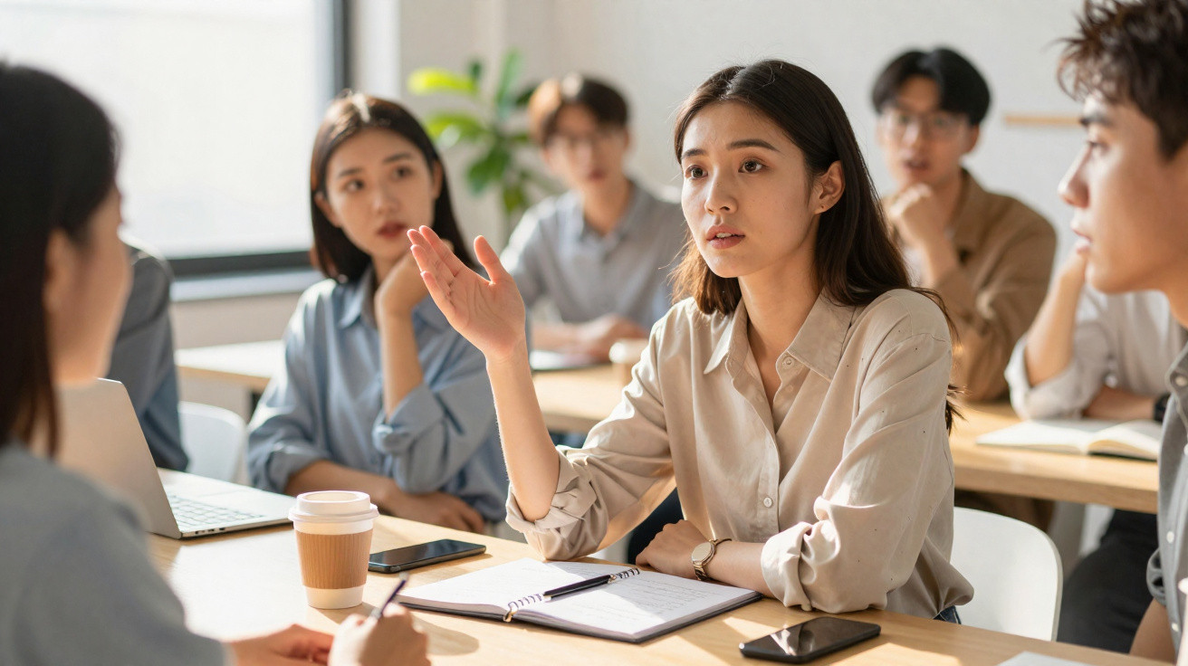 Young woman speaking during a group meeting in a modern office, others listening attentively around a table.