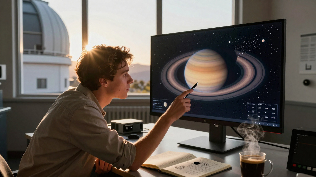 Young man studying a digital image of Saturn on a computer screen in a room with an observatory window.