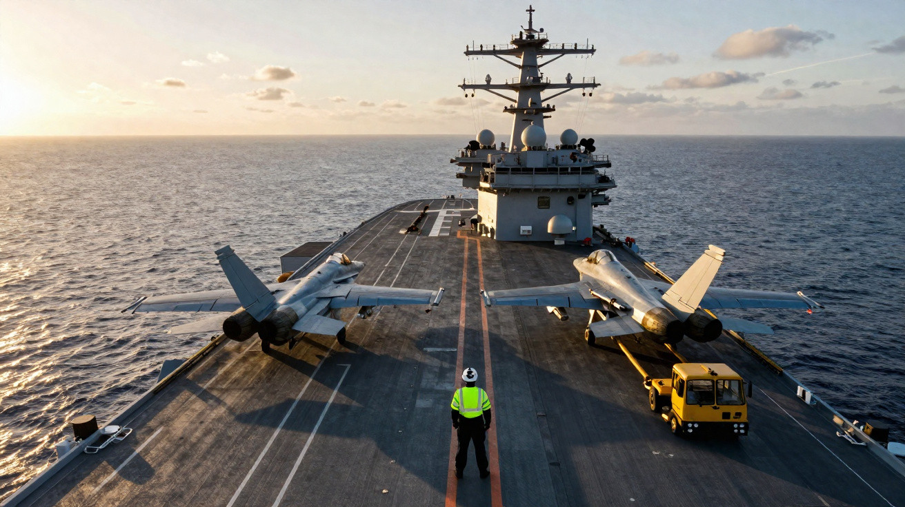 Aircraft carrier deck with two fighter jets and a crew member in high-visibility jacket at sunset.