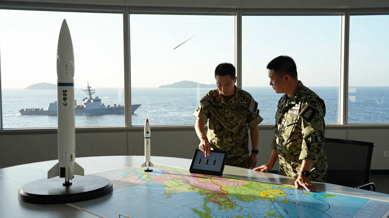 Two military personnel in camouflage study a map with rocket models and a warship visible through a large window.