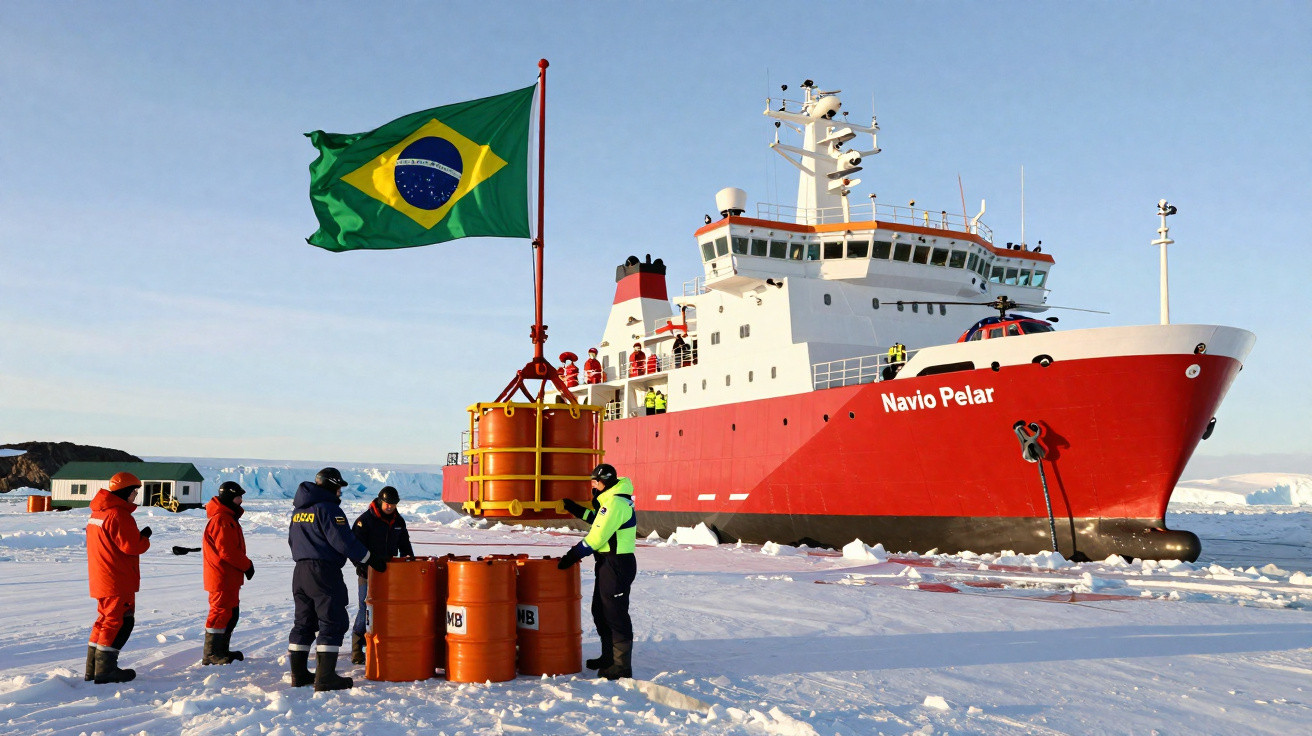 Brazilian research ship Navio Pelar docked on ice with scientists and Brazilian flag in snowy Antarctic setting.