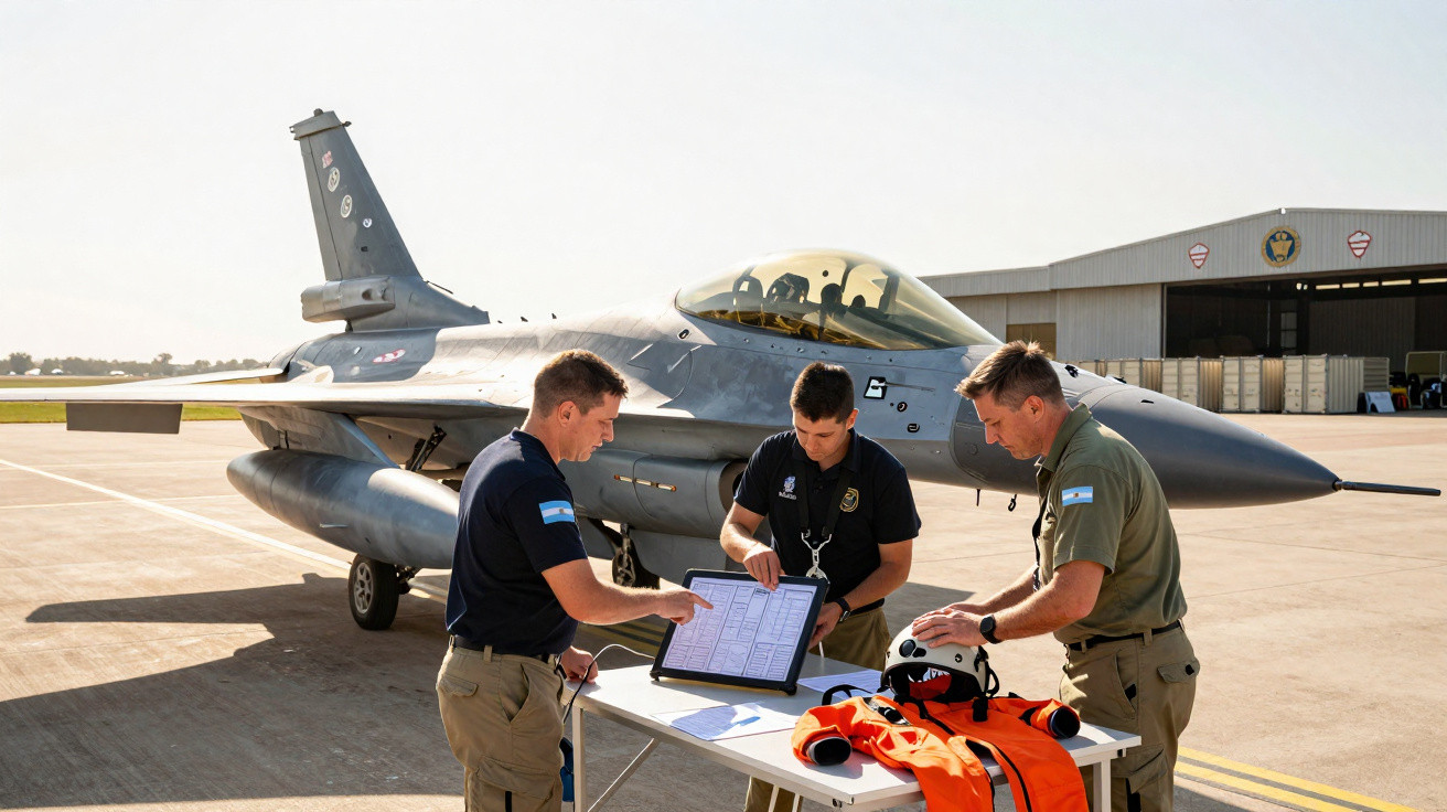 Three military personnel review documents on a table beside a fighter jet on an airbase runway.