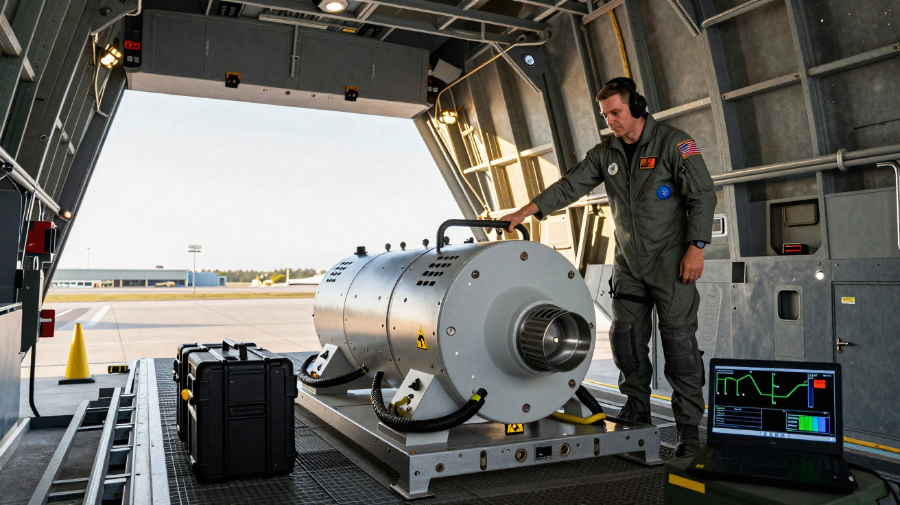 Man in flight suit inspecting a large cylindrical device inside an open cargo aircraft bay.
