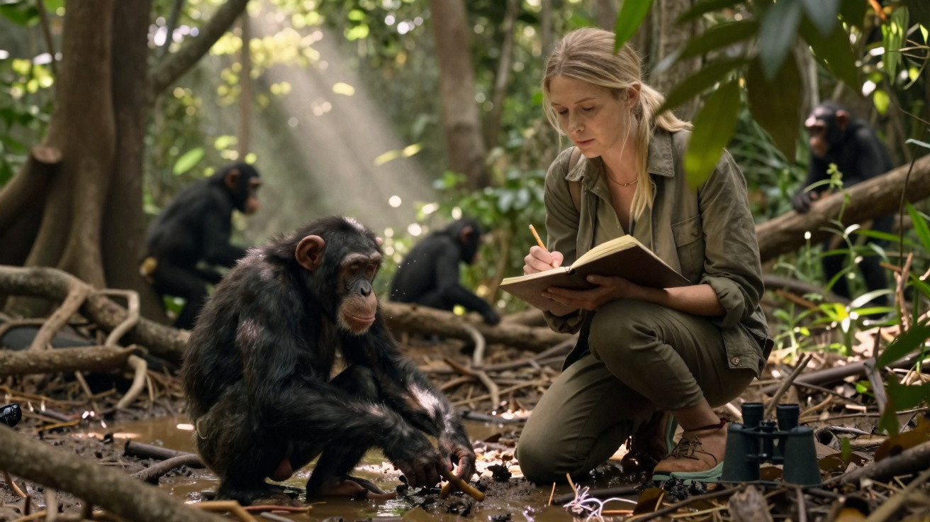 Woman in green clothes kneels in forest taking notes while observing chimpanzees by water with binoculars nearby.