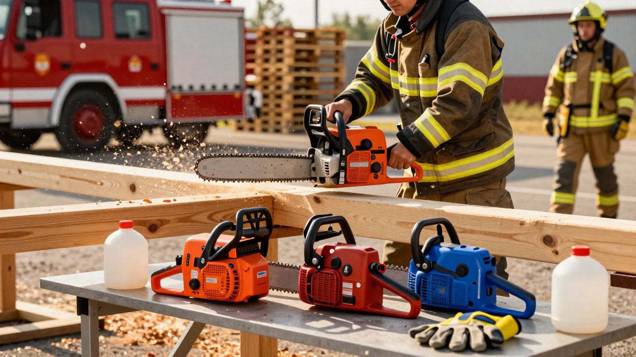 Firefighters in protective gear using chainsaws to cut wooden beams outdoors near a fire truck.