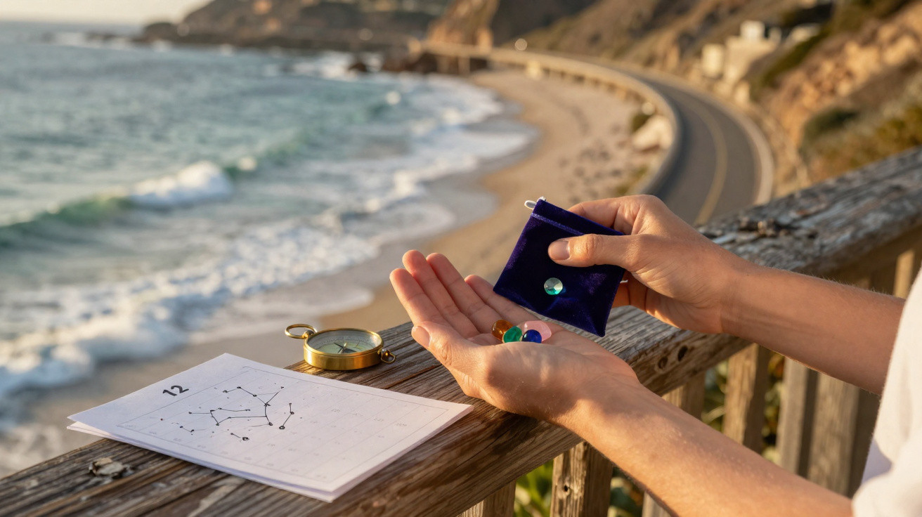Hands holding colourful stones above a wooden railing with a compass and constellation calendar by the beach.