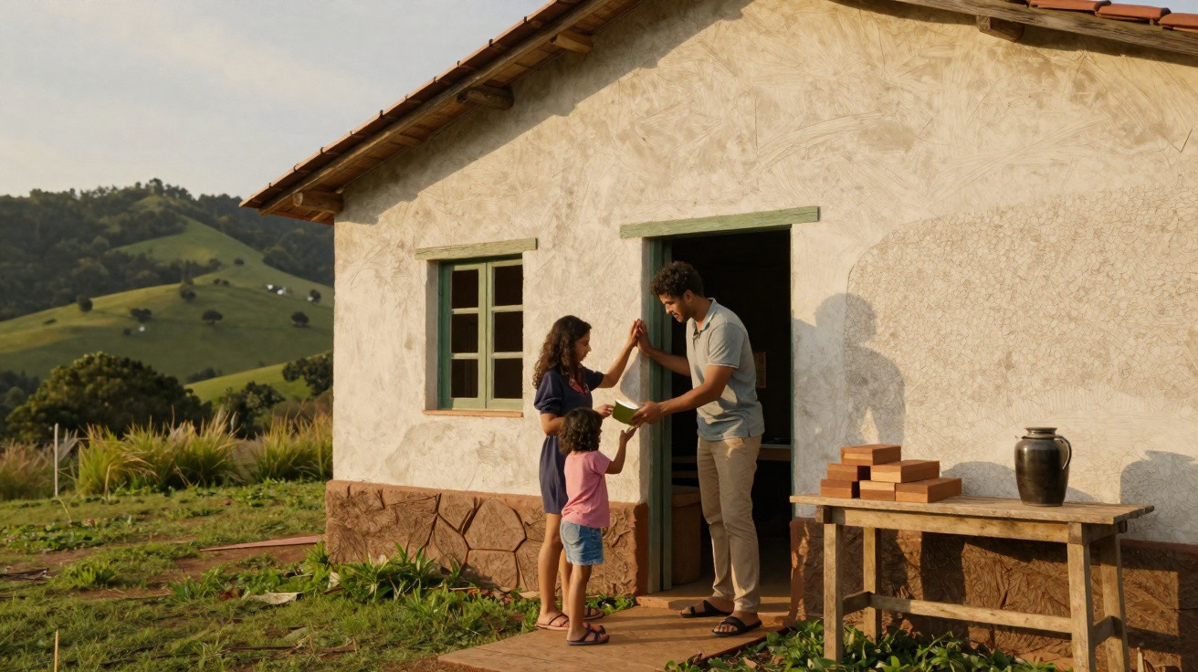 Family with child standing outside a rustic house in a rural green landscape during sunset.
