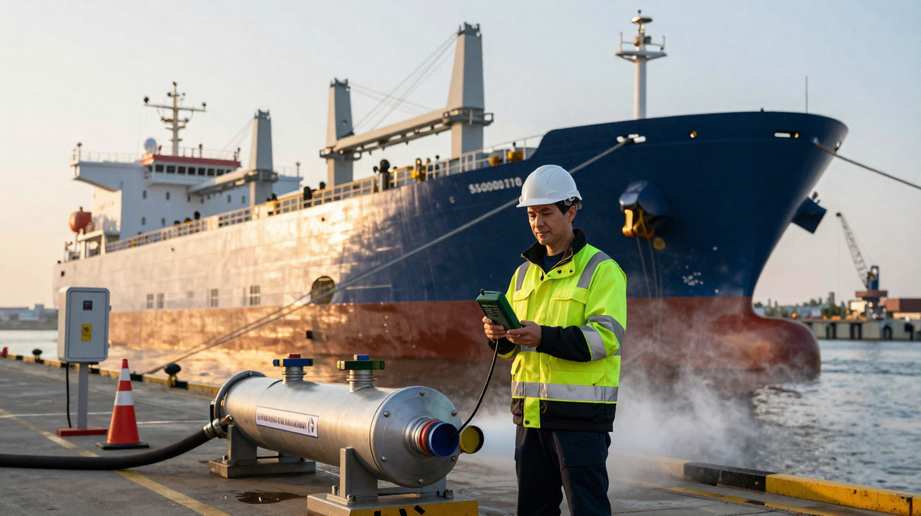 Man in safety gear using device near industrial pipe at port with large cargo ship in background at sunset