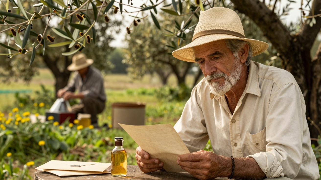 Elderly man in a hat reading a letter outdoors with bottles and envelopes on a wooden table in a garden.