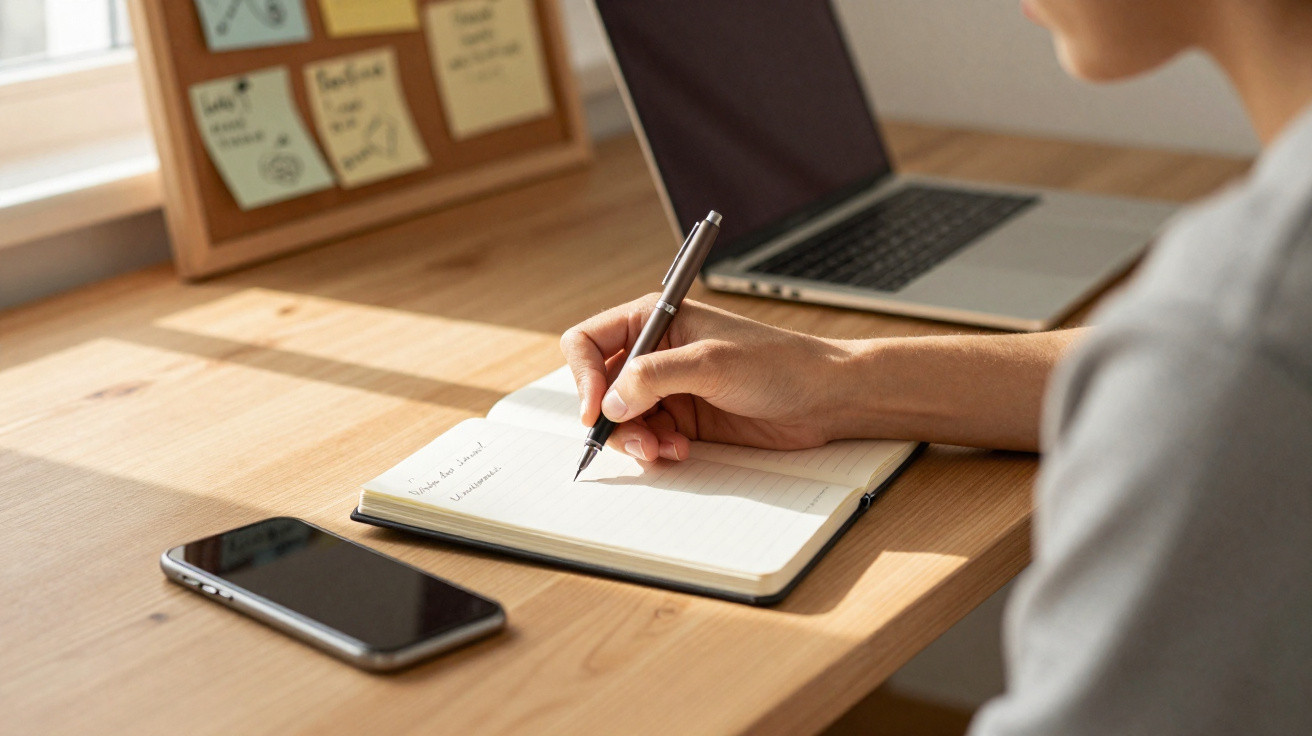 Person writing notes in a notebook at a wooden desk with a smartphone and open laptop nearby.