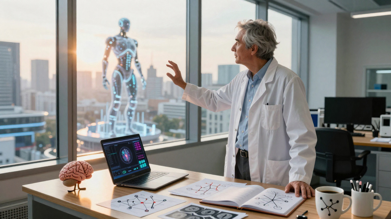 Scientist in lab coat reaching towards a glowing humanoid robot hologram outside office window at sunset.