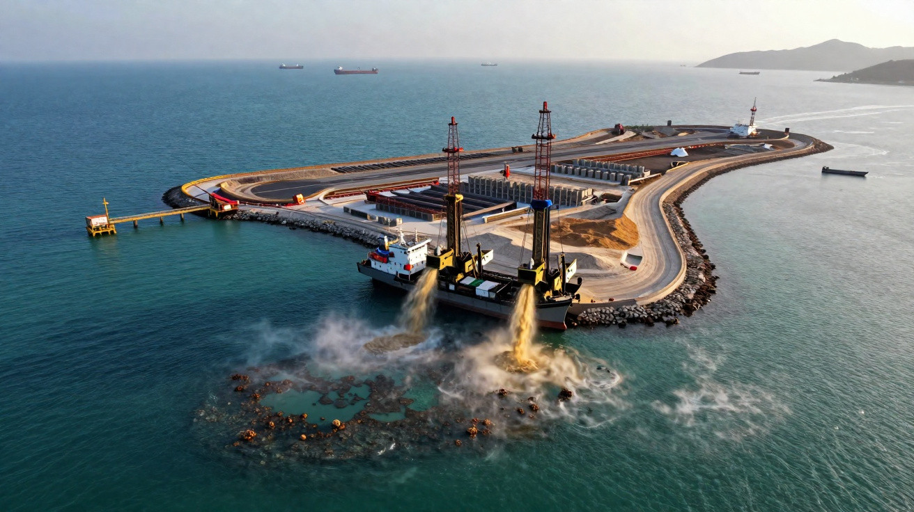 A coastal construction site with dredging ships releasing sediment into the sea near a curved breakwater.