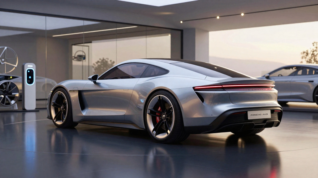 Silver Porsche electric sports car parked indoors near a charging station with another vehicle in the background.