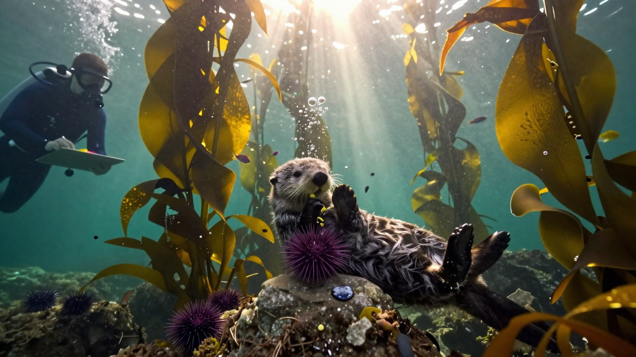 Underwater sea otter clutching a purple sea urchin among kelp with a diver observing and sunlight streaming down.