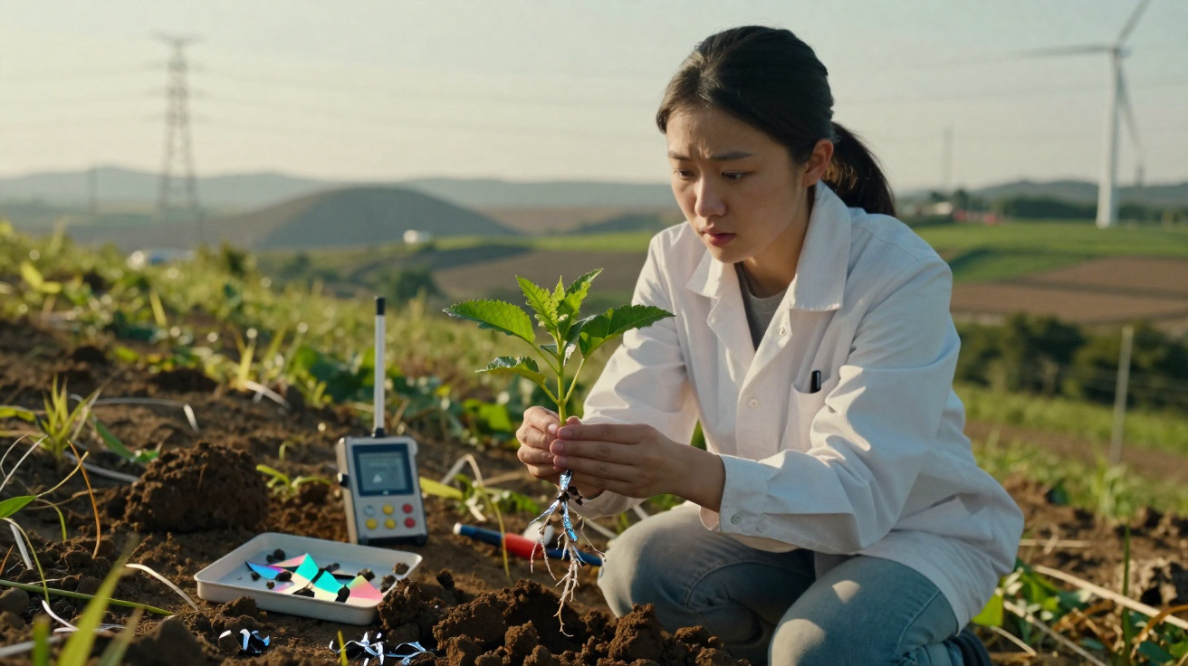 Scientist in a lab coat examining a plant seedling’s roots in a field with scientific equipment nearby.