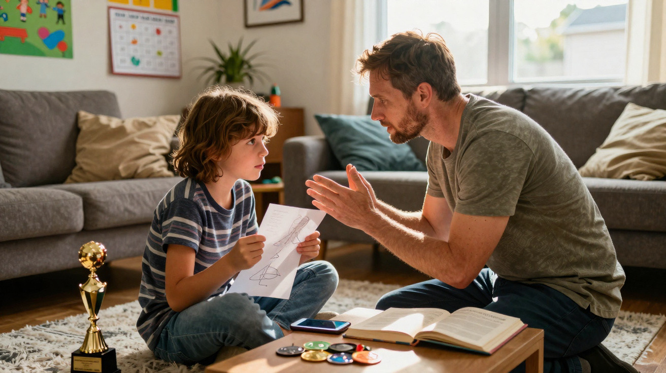 Father and son sitting on floor in living room, son holding drawing, father explaining something intently.