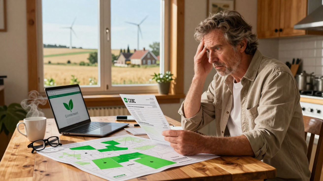 Concerned man reading a bill at a wooden kitchen table with a laptop and green energy plan.