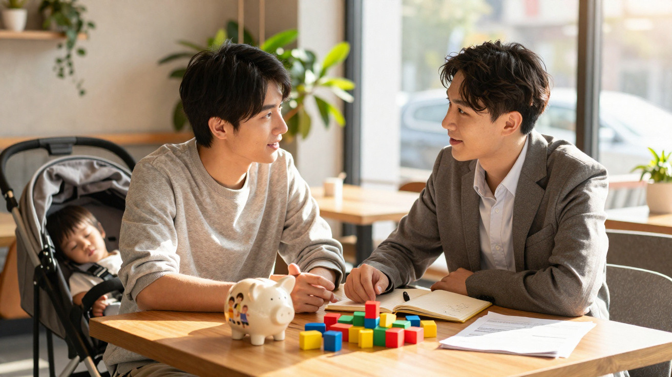 Two men in discussion at a table with colourful blocks and a sleeping child in a stroller nearby.