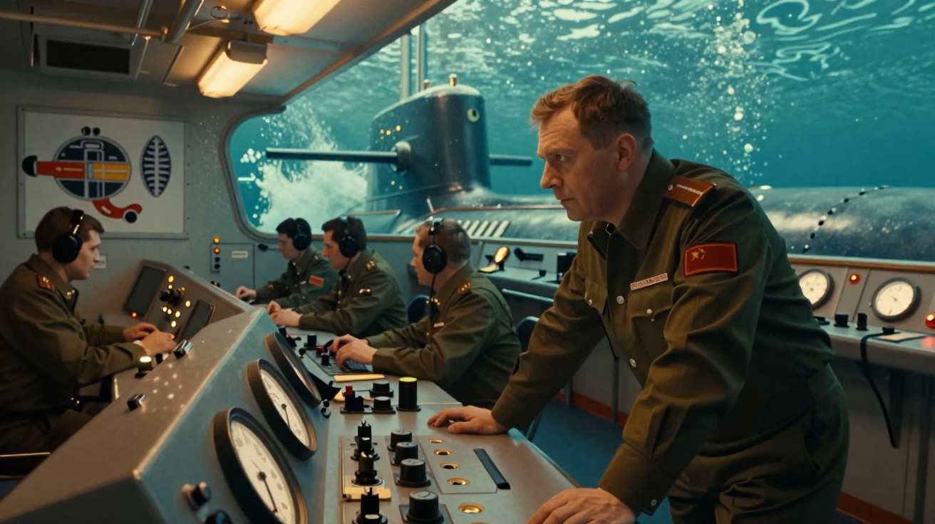 A group of military personnel operating controls inside a submarine with an underwater view of another submarine.