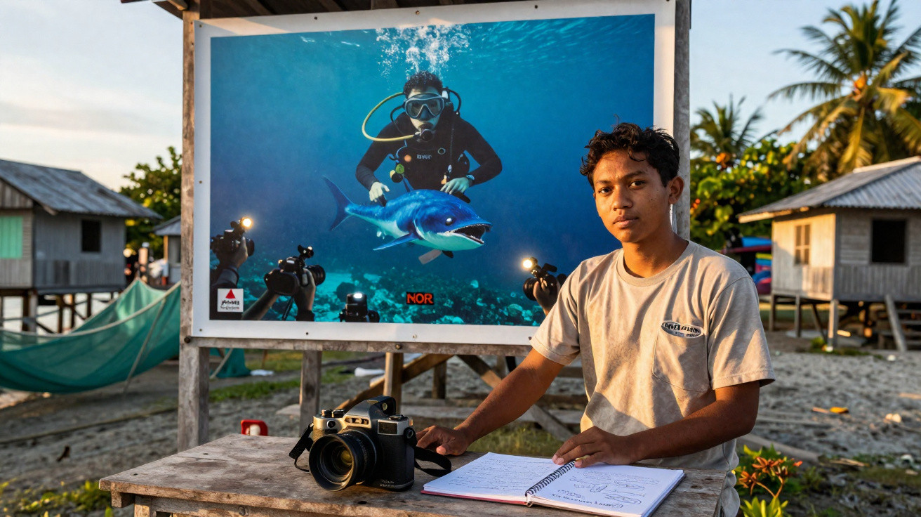 Young man sitting at a wooden table with a camera and notebook, a large underwater photo behind him outdoors.