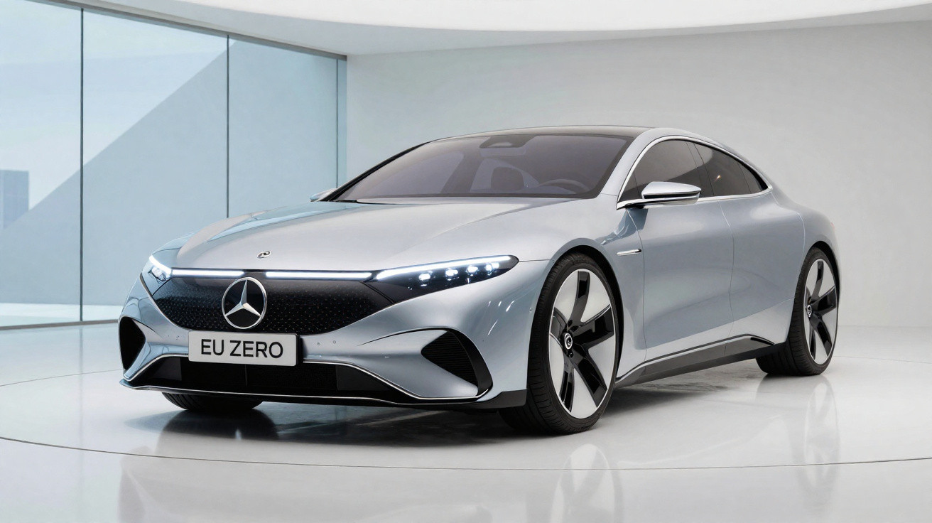 Silver Mercedes-Benz electric luxury sedan with sleek design and illuminated headlights in a modern showroom.