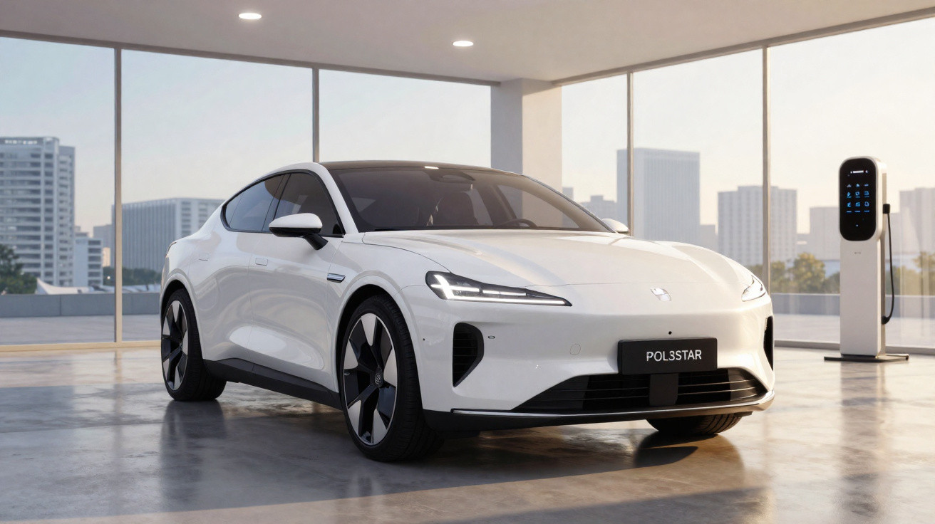 White Polestar electric car parked indoors near a charging station with cityscape visible outside windows.