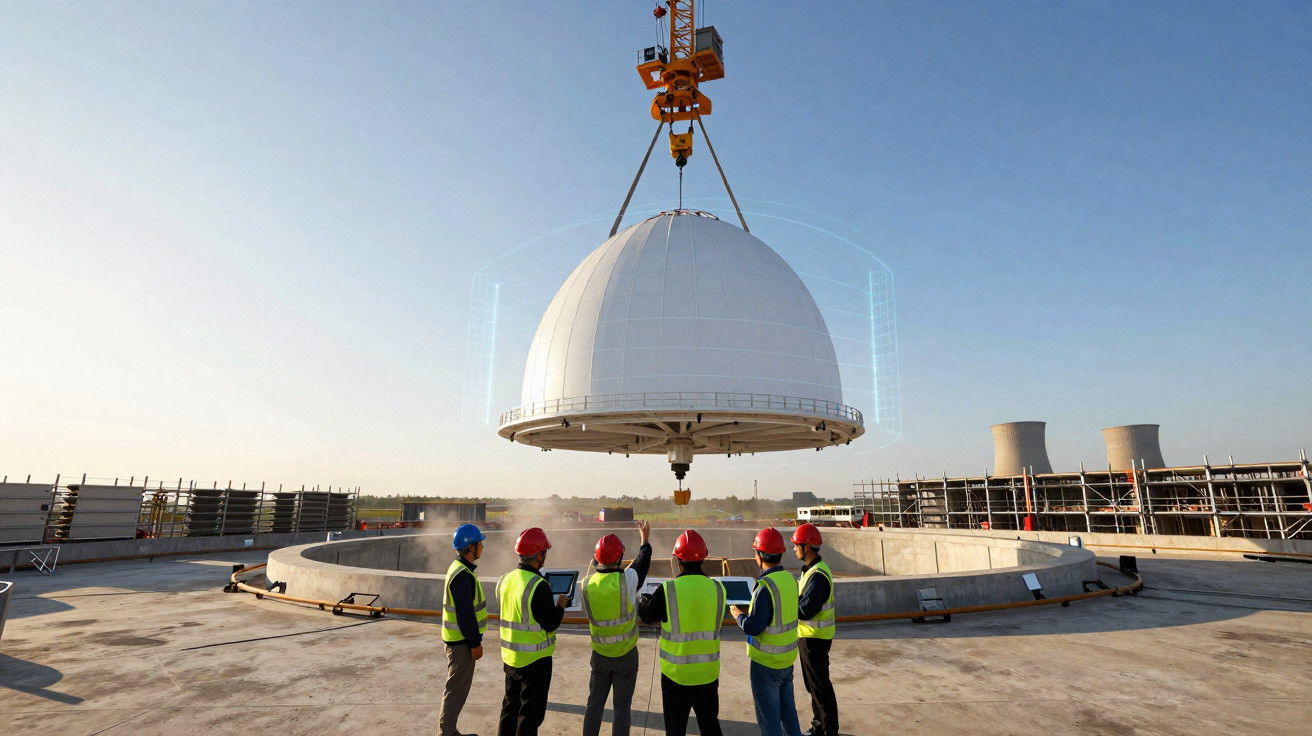 Construction workers in hard hats and high vis vests observe a large dome being lifted by a crane at a building site.