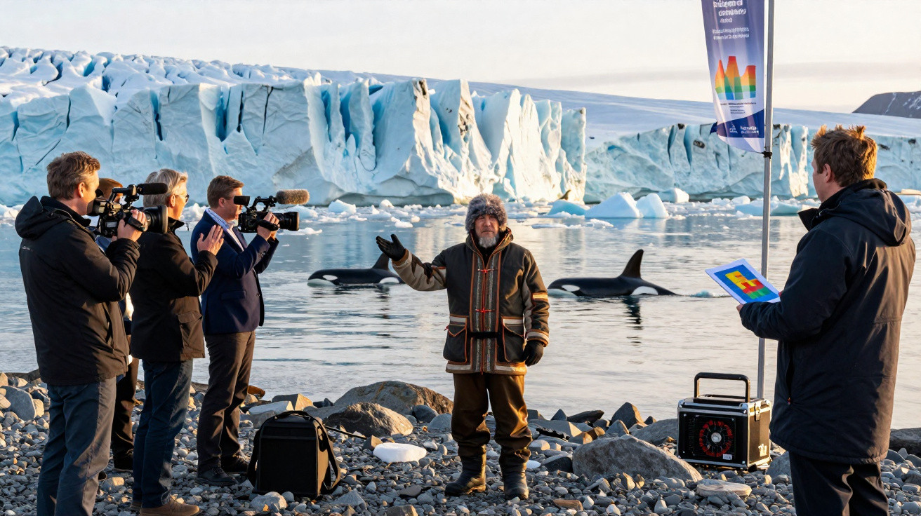 A man in winter clothes speaks by icy water with orcas and a glacier in the background, filmed by a camera crew.
