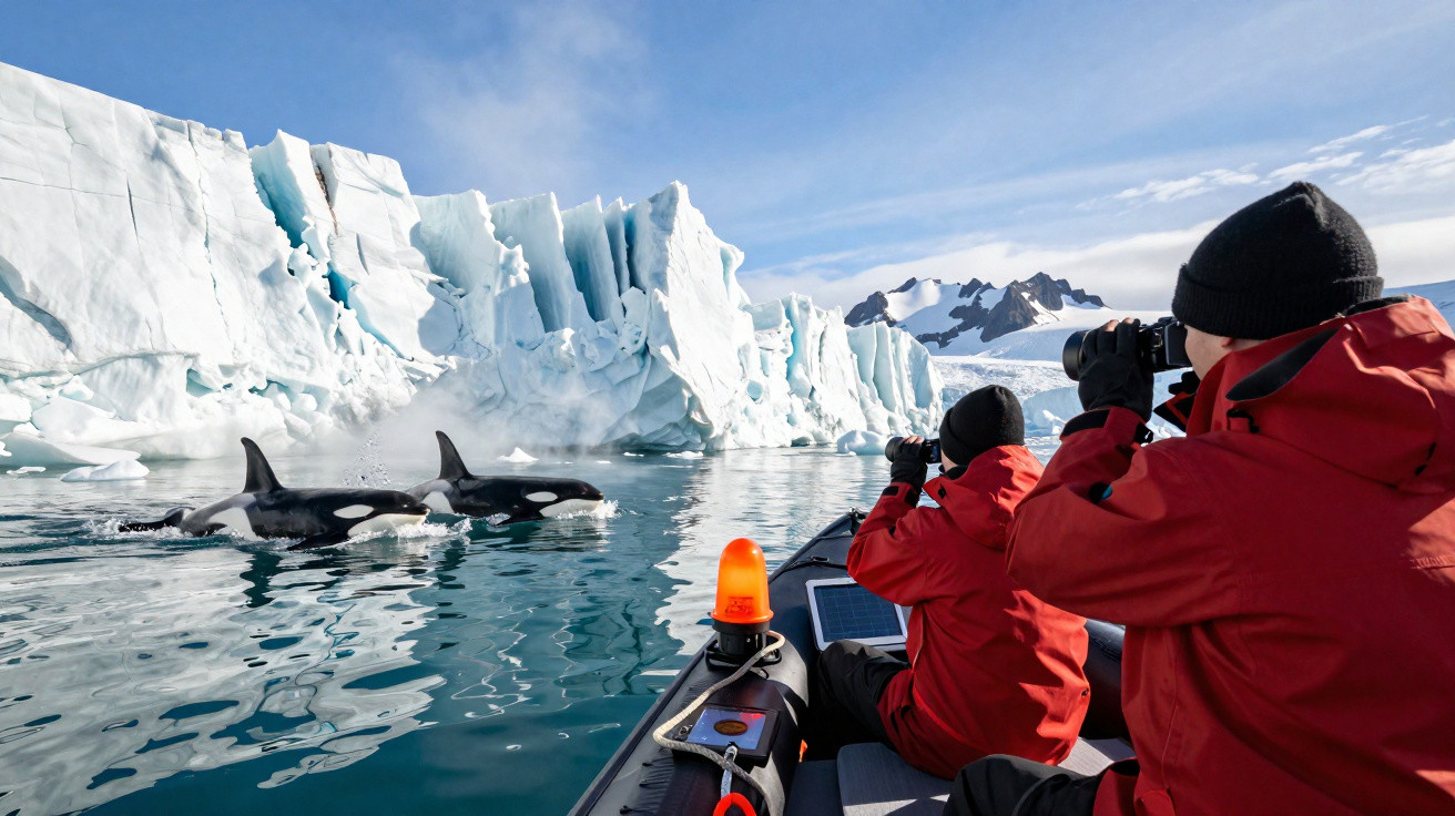 Two people in red jackets photographing orcas swimming near an ice glacier in calm polar waters.