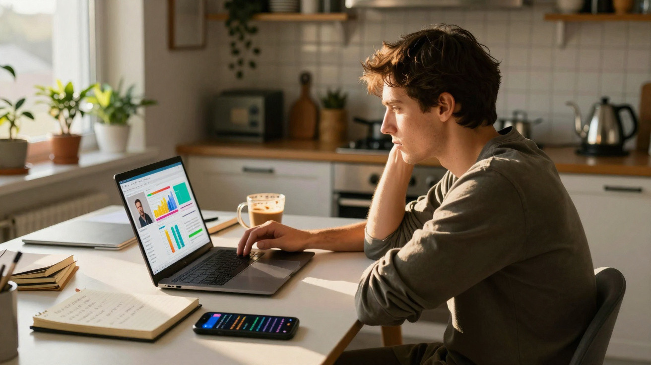 Young man working on laptop with charts and graphs in a bright kitchen, with phone and notes on the table.