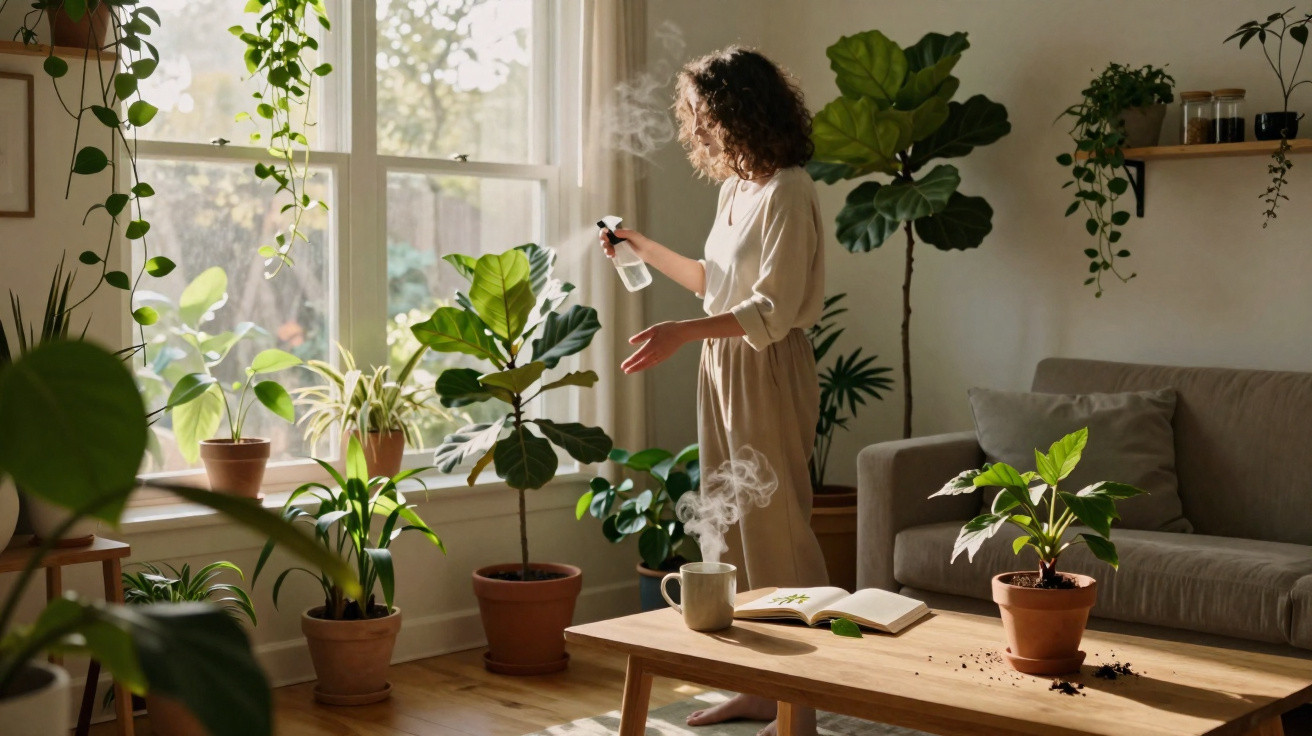 Woman watering houseplants in a sunlit living room filled with green leafy plants and natural decor.