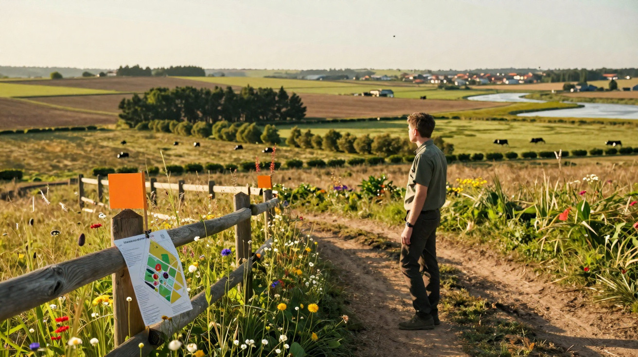 Man standing on dirt path overlooking fields with cows and a village in the distance on a sunny day