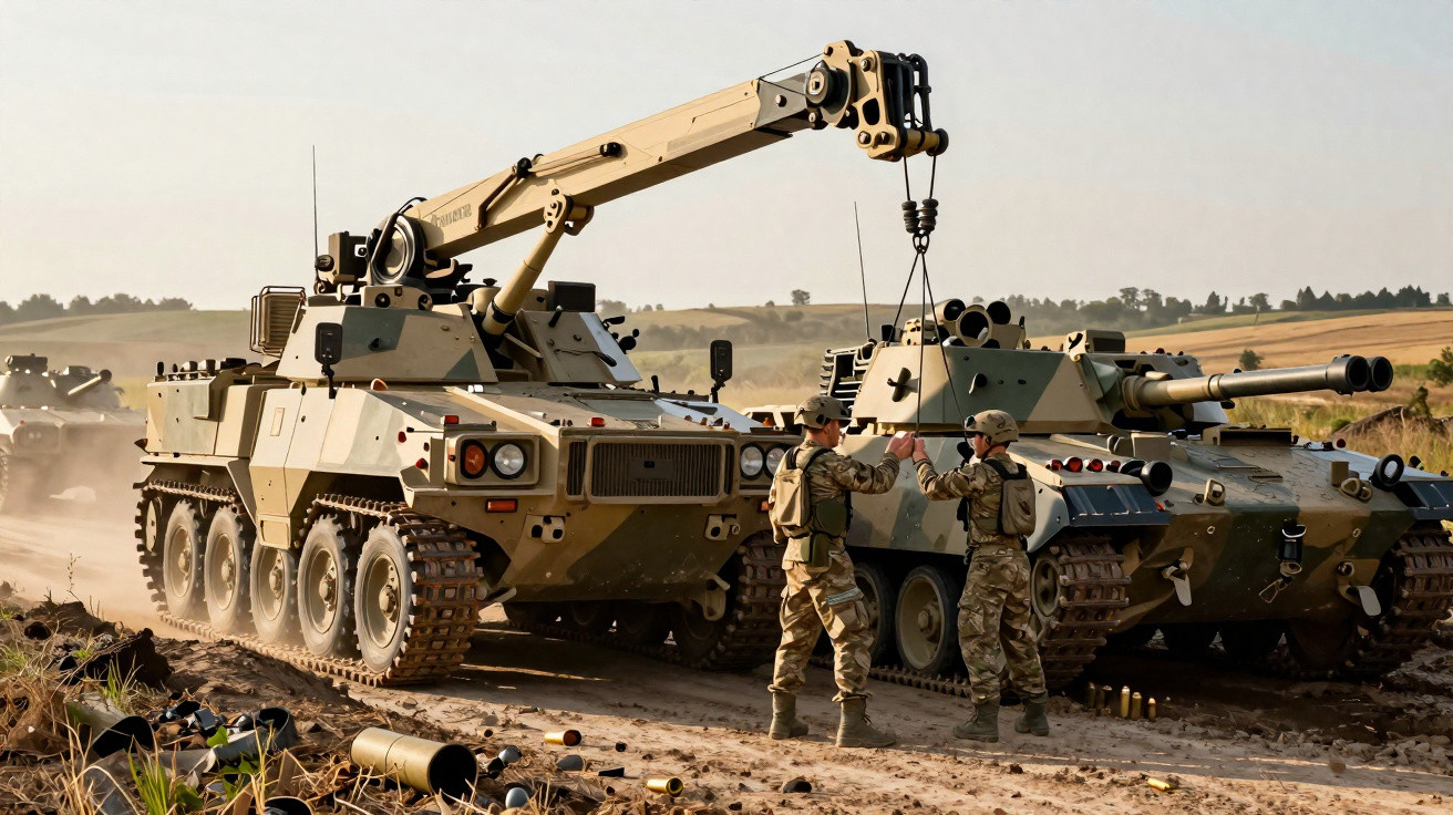 Two soldiers fist bump beside an armoured recovery vehicle and a tank in a dusty field.