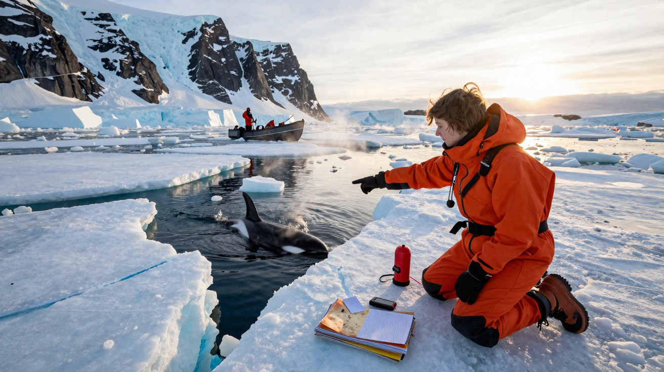 A person in orange cold-weather gear kneels on ice near an orca surfacing in polar waters with a boat nearby.
