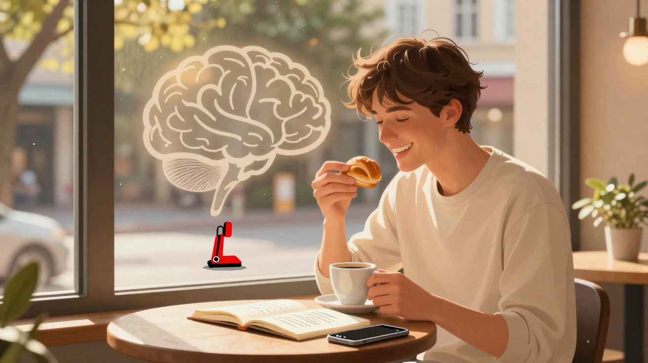 Young man enjoying a croissant and coffee by a window with an open book and smartphone on the table.