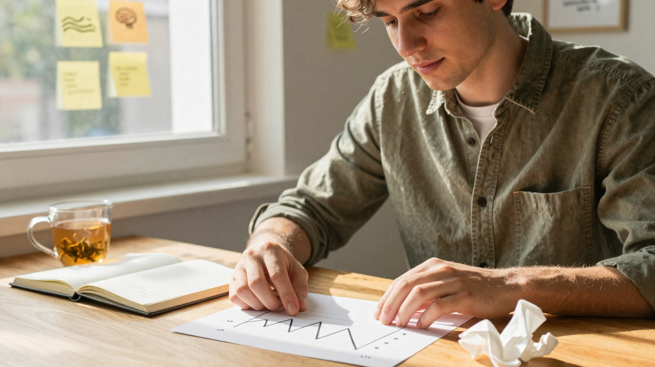 Young man analysing a line graph at a wooden desk with a notebook and a cup of tea by the window.