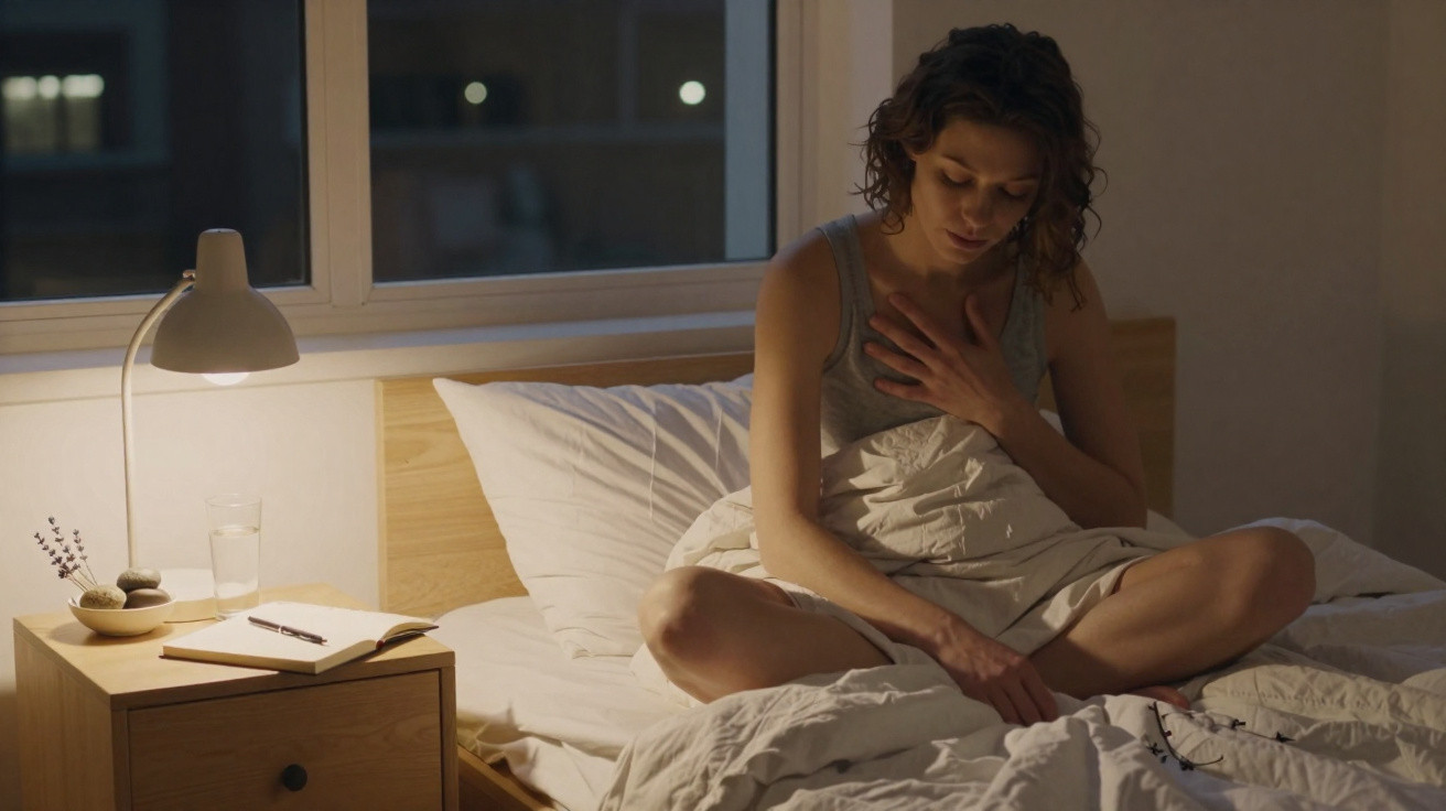 Woman sitting on bed at night with hand on chest, looking down, next to a nightstand with lamp and notebook.