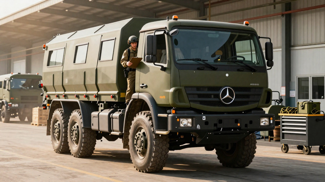 Military green Mercedes-Benz 6x6 truck with soldier standing on side holding clipboard in a warehouse.