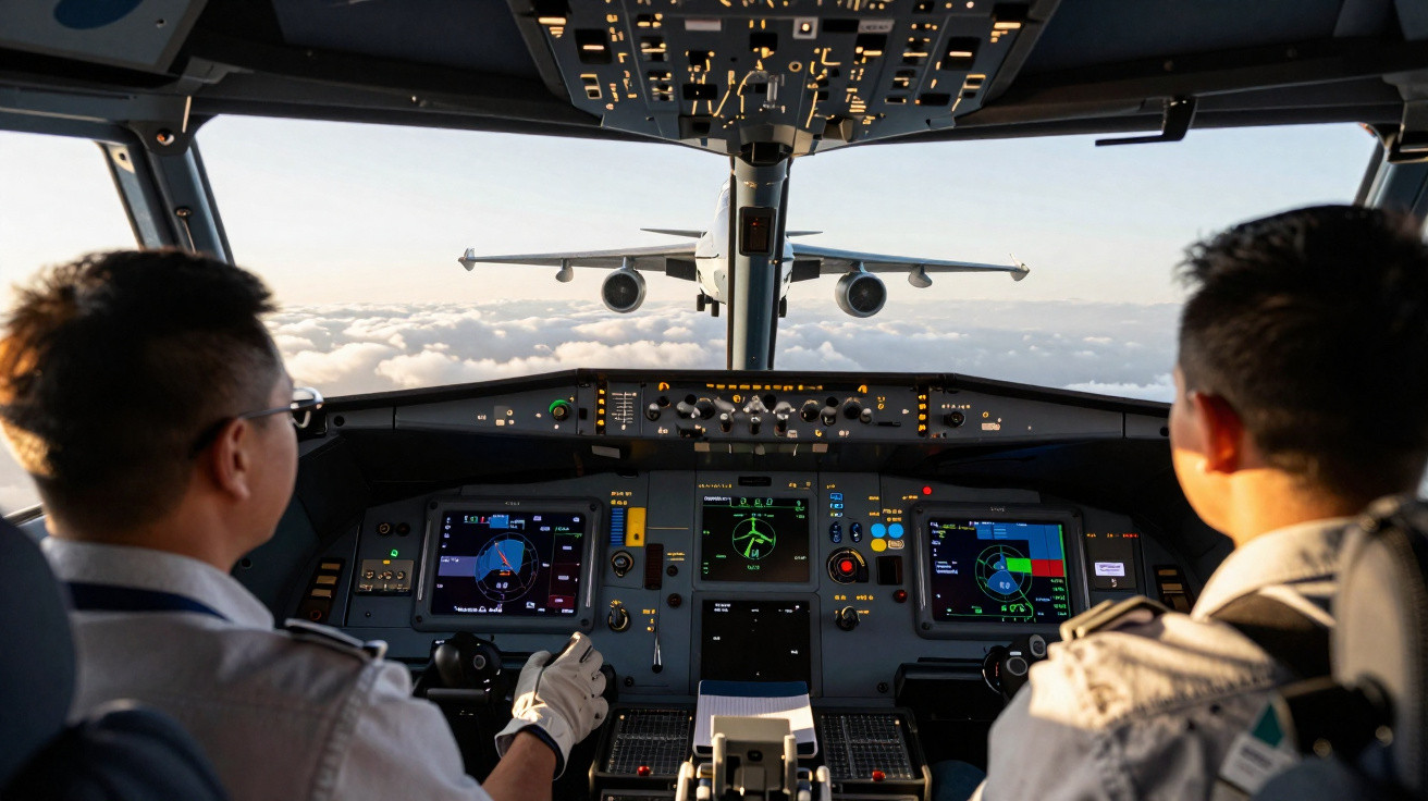 Two pilots in cockpit flying close behind a large aircraft over clouds at sunset.