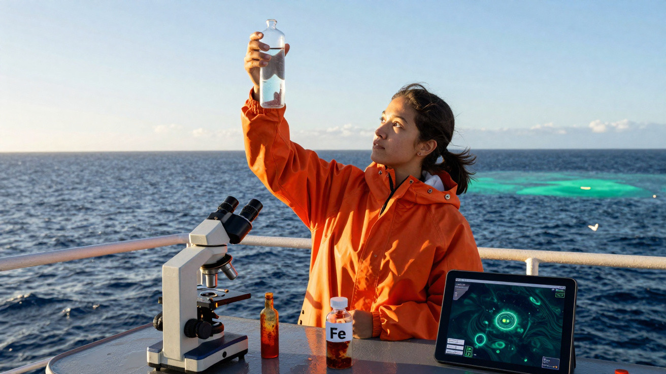 Scientist in orange jacket examining water sample on a boat with microscope and tablet showing microscopic images.