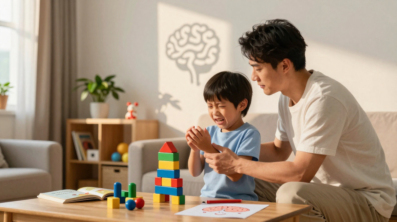 Father comforting upset son playing with colorful blocks at wooden table in bright living room