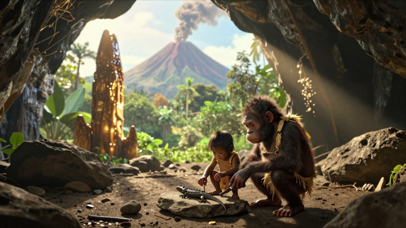 A young human child and a monkey-like creature sit in a cave playing with a toy crocodile, volcano erupting in background.