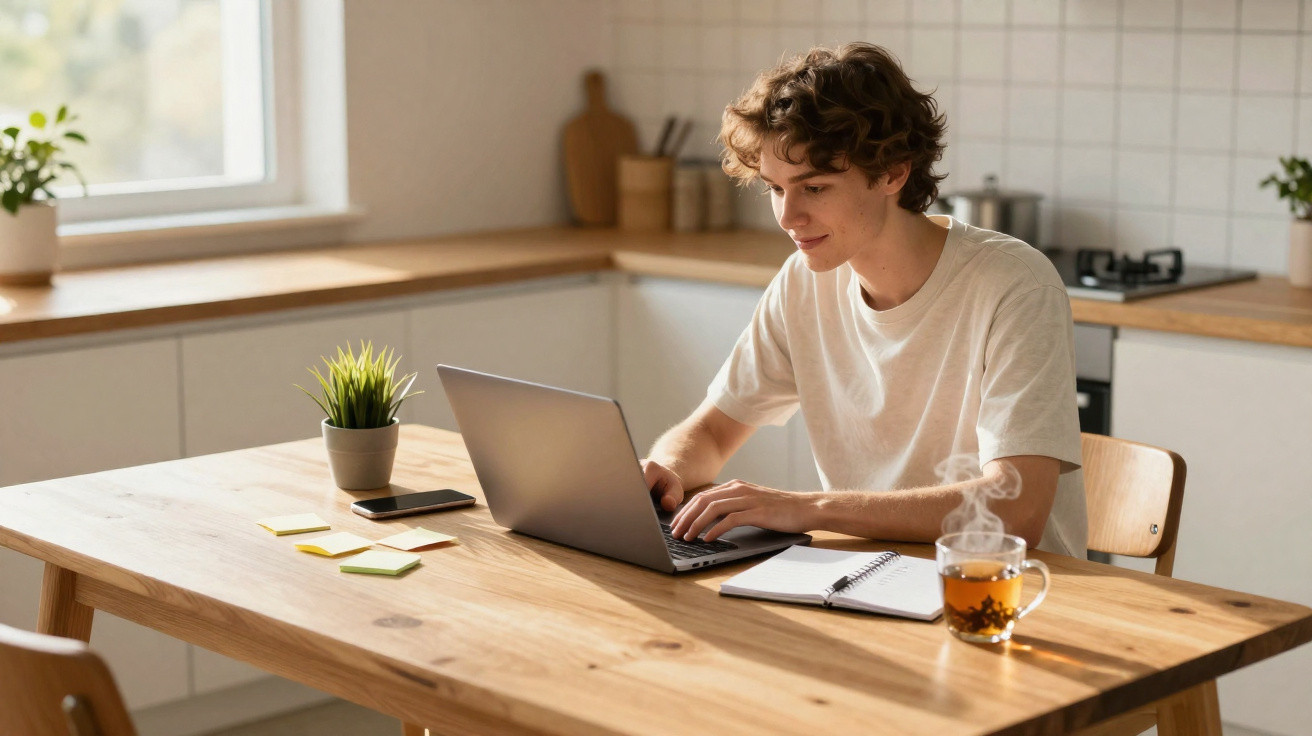 Young man working on a laptop at a wooden kitchen table with a steaming cup of tea and a notebook nearby.