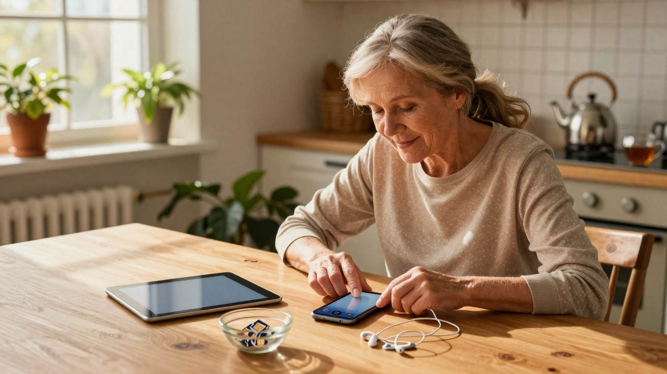Elderly woman using a smartphone at a wooden table in a sunlit kitchen with a tablet and earphones nearby.