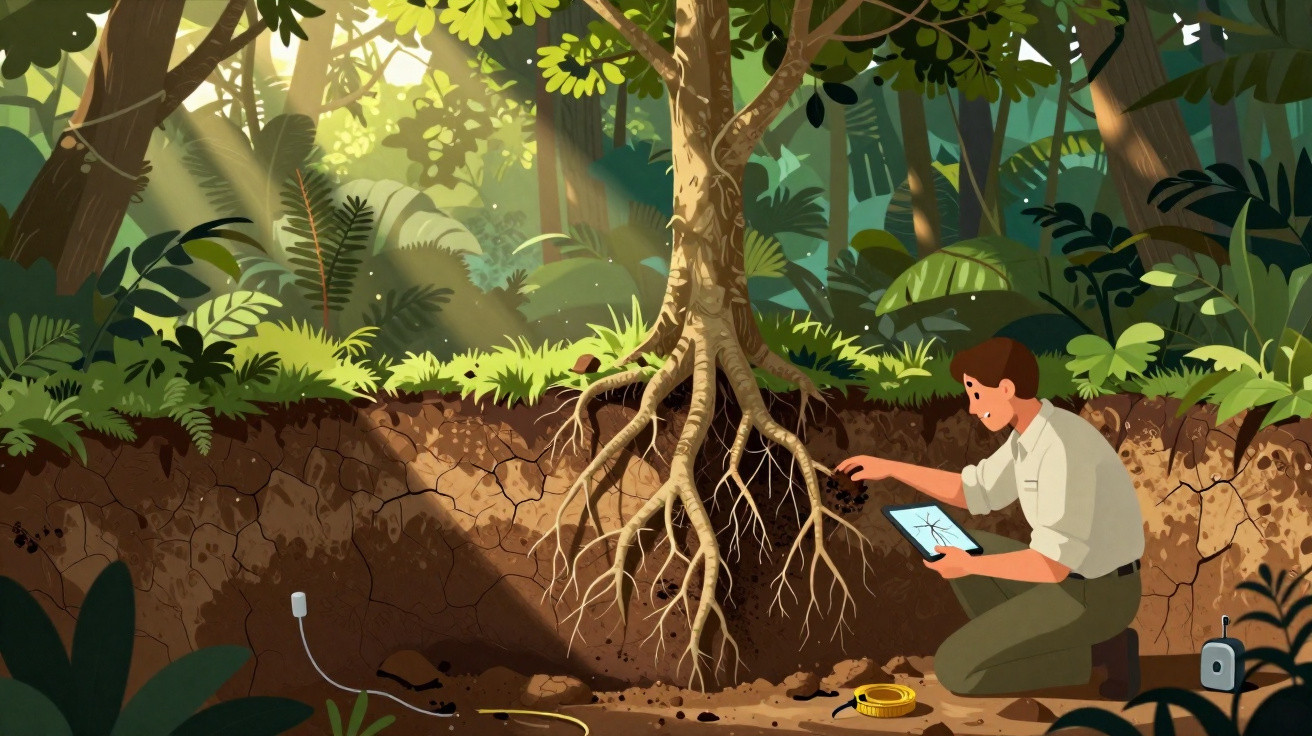Scientist kneeling in forest examining tree roots and soil with tablet and measuring tools nearby.