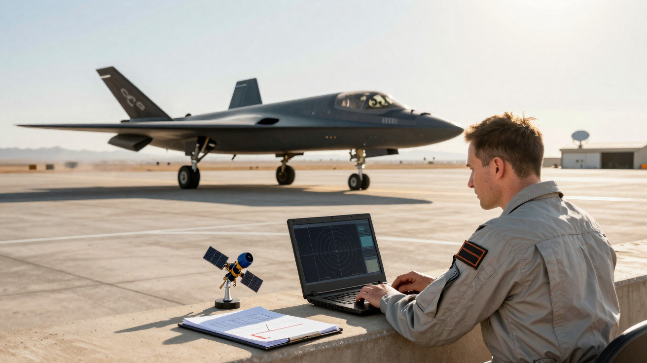 Man in military uniform working on laptop at airbase with stealth fighter jet and satellite model nearby