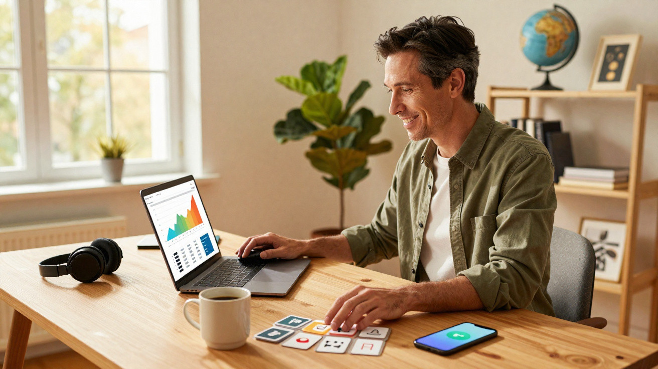 Man analysing financial charts on laptop at a wooden desk with smartphone, coffee, and icons cards.