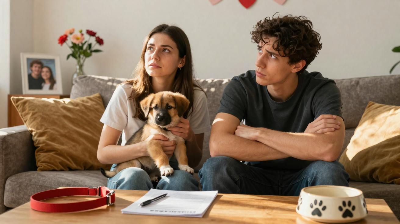 Young couple sitting on sofa looking concerned with a puppy, dog bowl, and paperwork on the table in their living room.