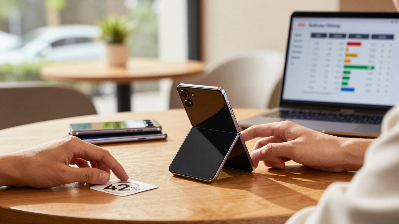 Two people at a table with a foldable smartphone, a laptop showing sales data, and two other phones stacked.