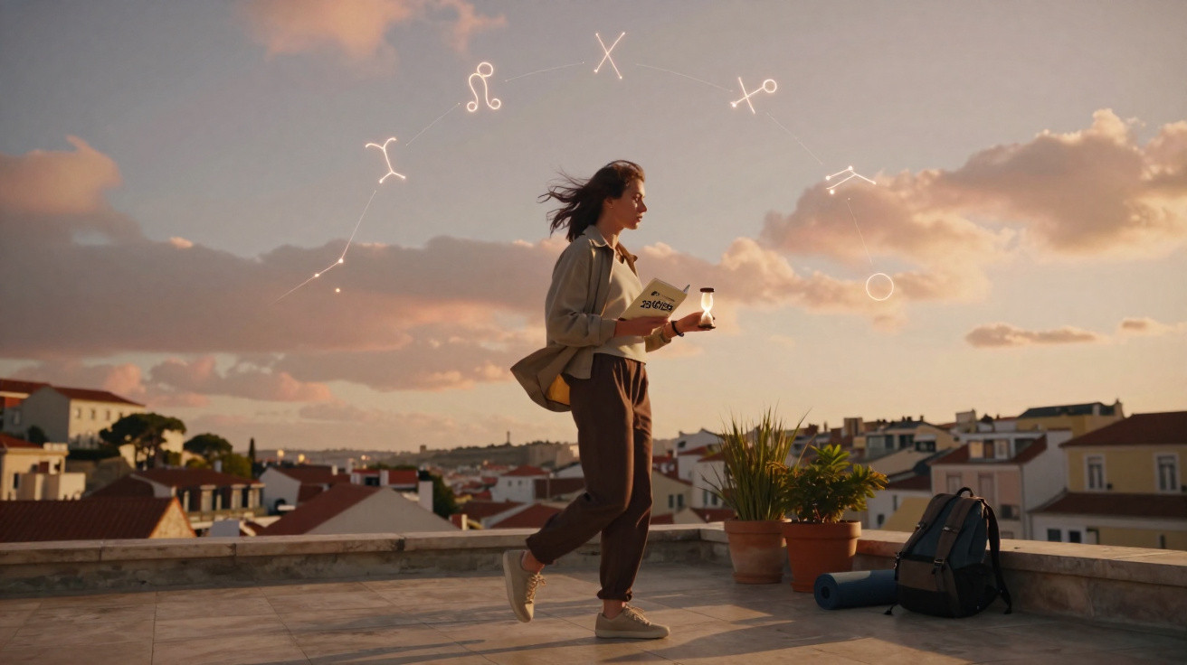Woman holding hourglass and book on rooftop with astrology symbols in the sky at sunset.